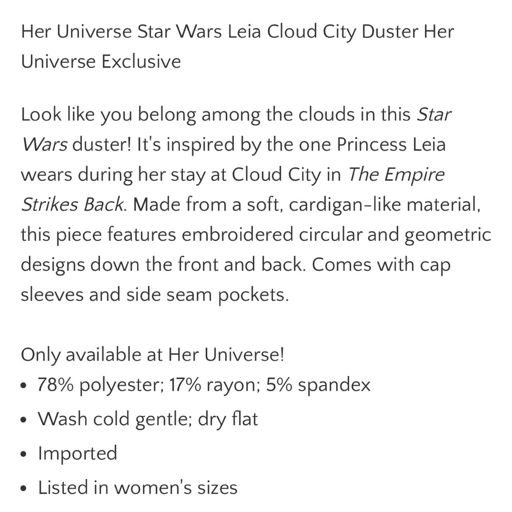 Her Universe exclusive Star Wars Cloud City Duster size small - Picture 3 of 5